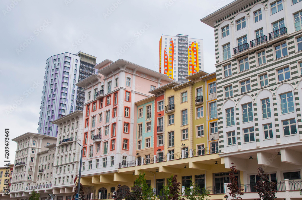 Colorful bright summer italian Portofino style buildings in Moscow, Russia