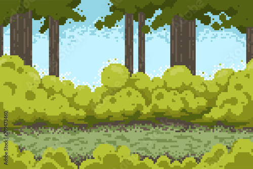 Pixel background with forest and bushes