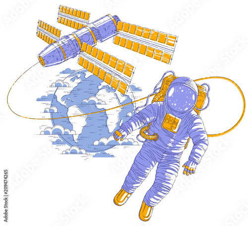 Astronaut flying in open space connected to space station and earth planet in background, spaceman in spacesuit floating in weightlessness and iss spacecraft with solar panels behind him. Vector.