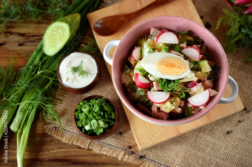 Cuadro en lienzo Ingredients for preparing the cold soup okroshka