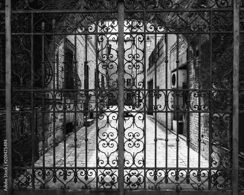 Hand-worked wrought iron gate with internal courtyard of an old Italian palace. photo