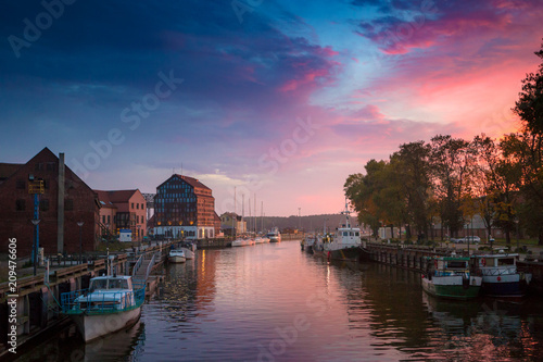 Lithuania, Klaipeda at night. Old Town and Dane river. photo