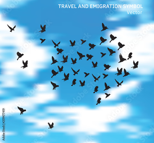 Travel and emigration birds symbol in blue clouds sky.
