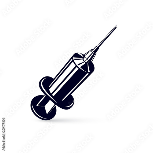 Vector graphic illustration of plastic disposable syringe for medical injections. Get vaccinated idea