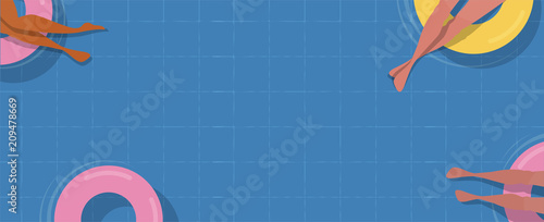 Top view Pool background. people relaxing in the pool. Summer water activities. Vector banner, poster illustration design
