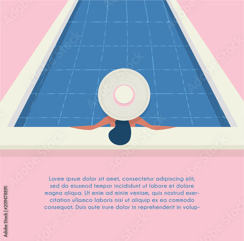 A young beautiful woman in a hat relaxes at the swimming pool. Wellness concept. Spa and relax, woman happiness