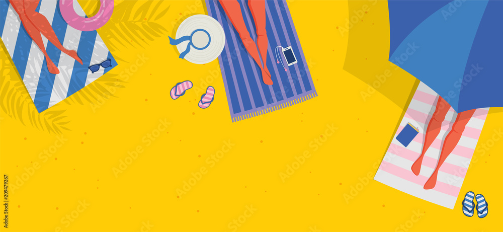 Naklejka premium Top view beach background, Summer water activities. Women relaxing at the beach. Vector banner, poster design