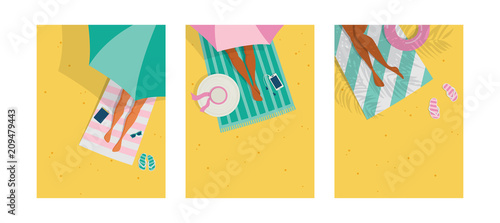 Top view of a summer background. Summer water activities. Women relaxing at the beach. Vector cards, poster design