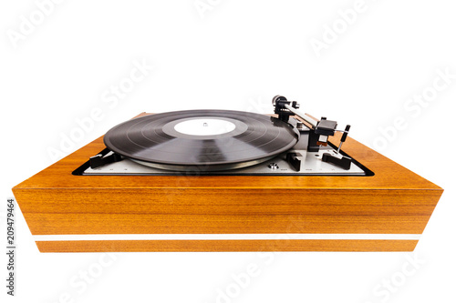 Vintage turntable vinyl record player isolated on white