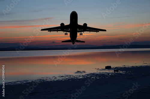 Airplane in the sky. Copy space of business summer vacation and travel adventure concept. Airplane sky and sunshine 