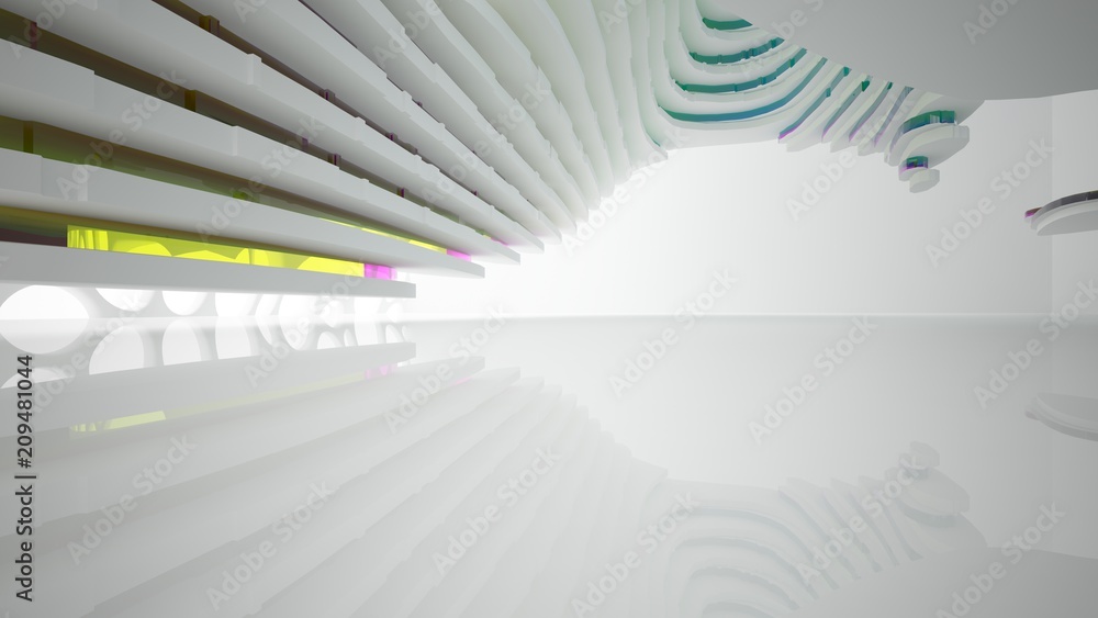 Naklejka premium Abstract white and colored gradient glasses interior multilevel public space with window. 3D illustration and rendering.