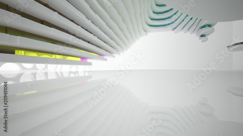Fototapeta Naklejka Na Ścianę i Meble -  Abstract white and colored gradient glasses interior multilevel public space with window. 3D illustration and rendering.