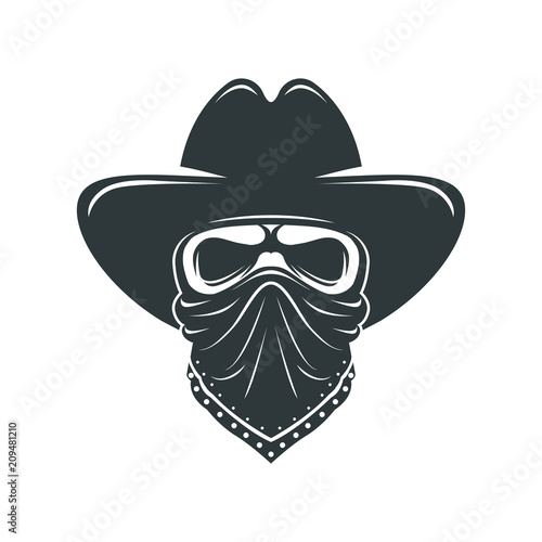 Cowboy skull. Bandit with hat and bandanna