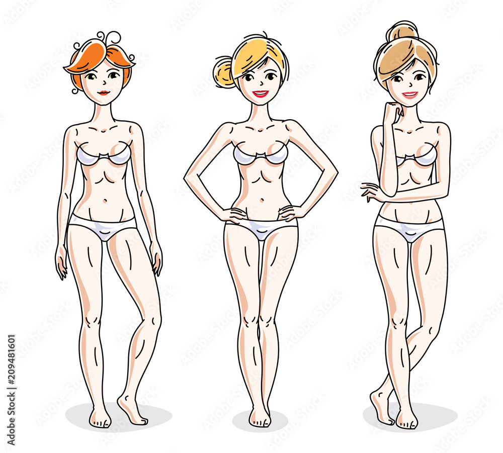 Happy cute young women standing in white underwear. Vector characters set. Happy cute young women standing in white underwear. Vector characters set.