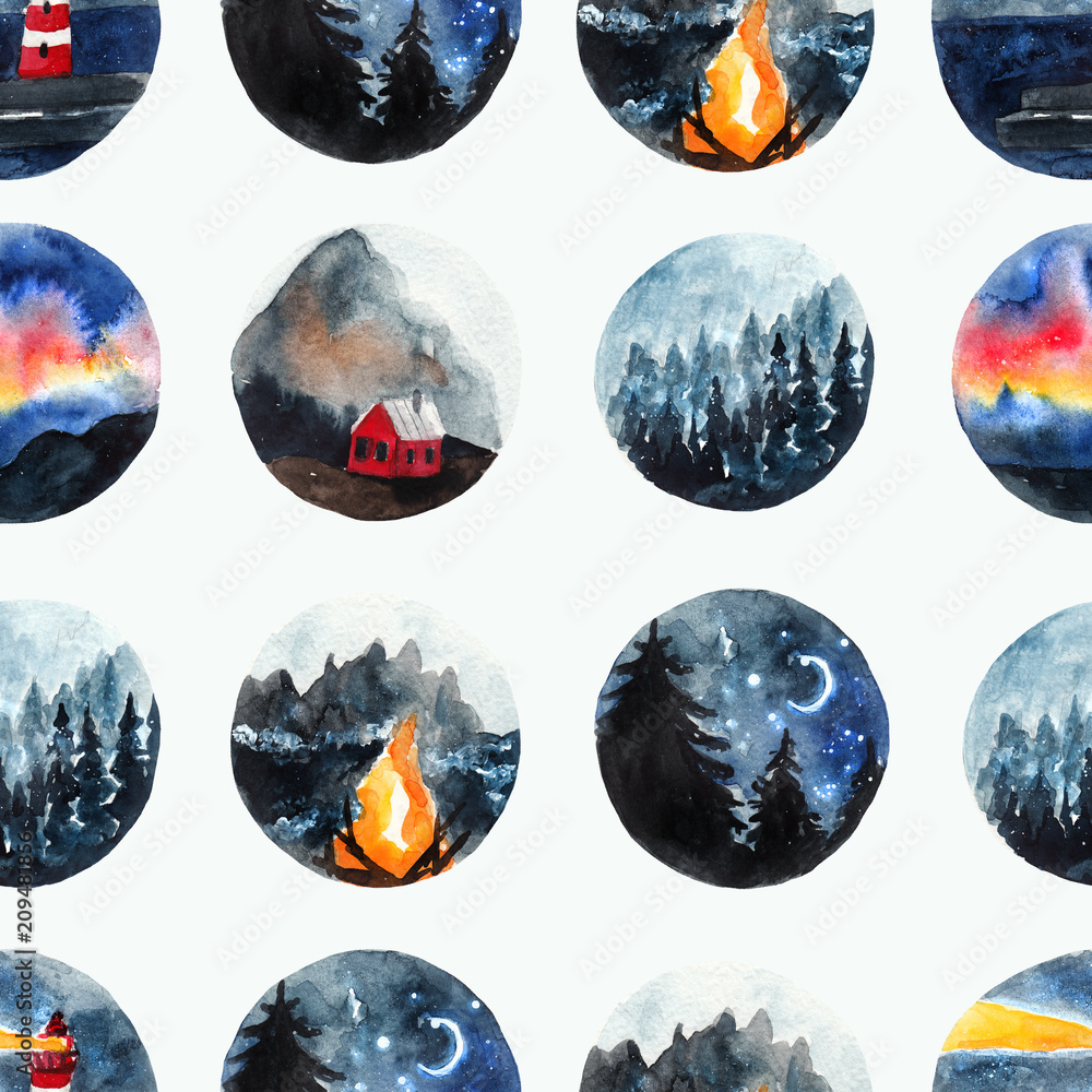 Seamless pattern with scandinavian watercolor landscapes