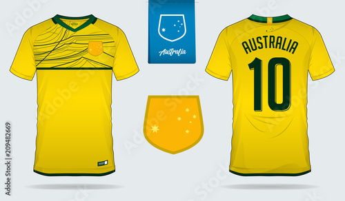 Soccer jersey or football kit template design for Australia national football team. Front and back view soccer uniform. Football t shirt mock up with flat logo design. Vector Illustration