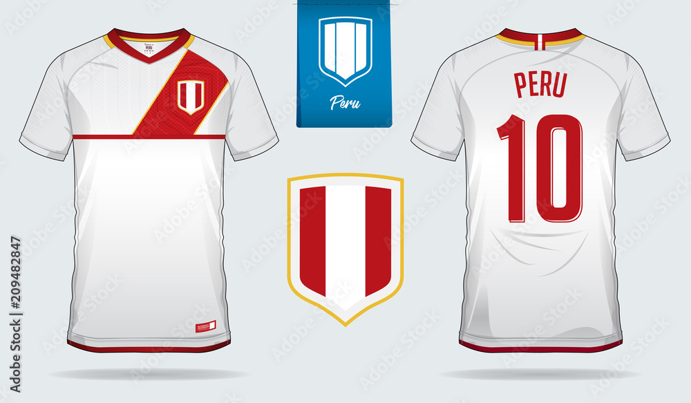 Soccer jersey or football kit template design for Peru national football  team. Front and back view soccer uniform. Football t shirt mock up with  flat logo design. Vector Illustration Stock Vector