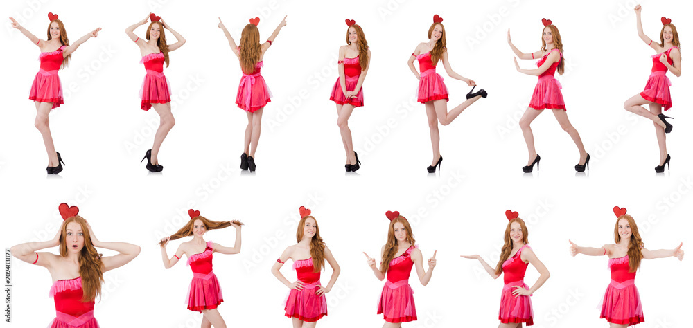 Pretty young model in mini pink dress isolated on white Pretty young model in mini pink dress isolated on white