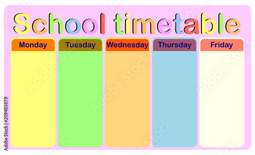 Template school timetable for students or pupils with days of week and free spaces for notes.