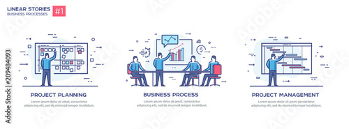 Set of illustrations concept with businessmen. Workflow, growth, graphics. Business development, milestones. linear illustration Icons infographics. Landing page site print poster. Line story