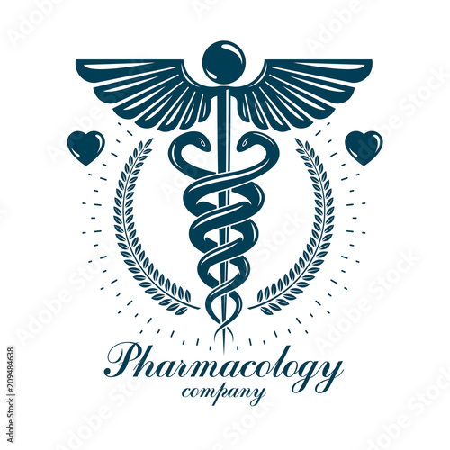 Aesculapius vector abstract business logo for use in medical treatment. Cardiovascular system diseases prevention conceptual emblem.