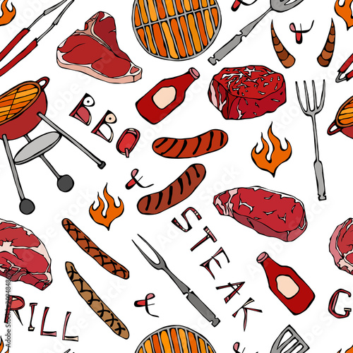 Seamless Pattern of Summer BBQ Grill Party. Steak, Sausage, Barbeque Grid, Tongs, Fork, Fire, Ketchup. Hand Drawn Vector Illustration. Savoyar Doodle Style.