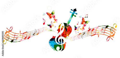 Music colorful background with music notes and violoncello vector illustration design. Music festival poster, creative cello design