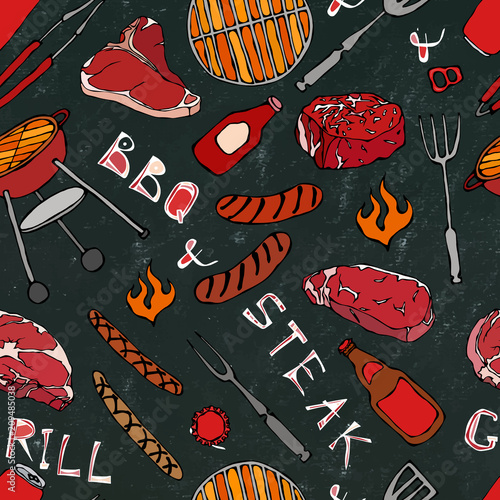 Seamless Pattern of Summer BBQ Grill Party. Steak, Sausage, Barbeque Grid, Tongs, Fork, Fire, Ketchup. Black Board Background and Chalk. Hand Drawn Vector Illustration. Savoyar Doodle Style.