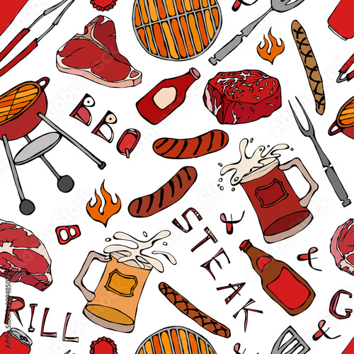 Seamless Pattern of Summer BBQ Grill Party. Steak, Sausage, Barbeque Grid, Tongs, Fork, Fire, Ketchup. Hand Drawn Vector Illustration. Savoyar Doodle Style.