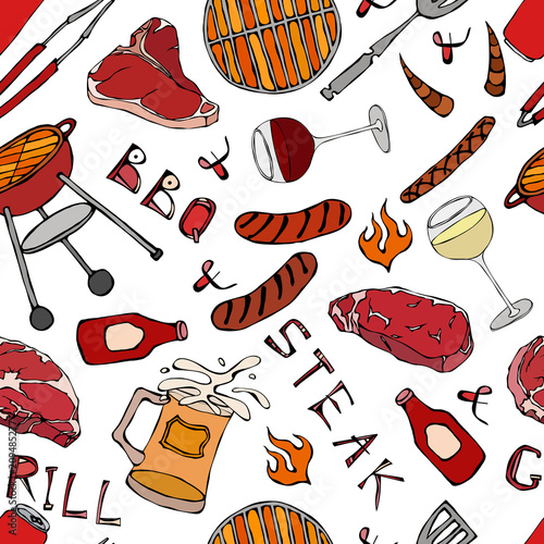 Seamless Pattern of Summer BBQ Grill Party. Glass of Red, White VineSteak, Sausage, Barbeque Grid, Tongs, Fork. Hand Drawn Vector Illustration. Savoyar Doodle Style.