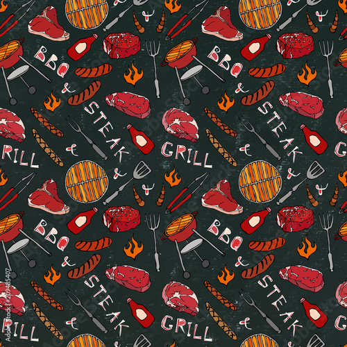 Seamless Pattern of Summer BBQ Grill Party. Steak, Sausage, Barbeque Grid, Tongs, Fork, Fire, Ketchup. Black Board Background and Chalk. Hand Drawn Vector Illustration. Savoyar Doodle Style.