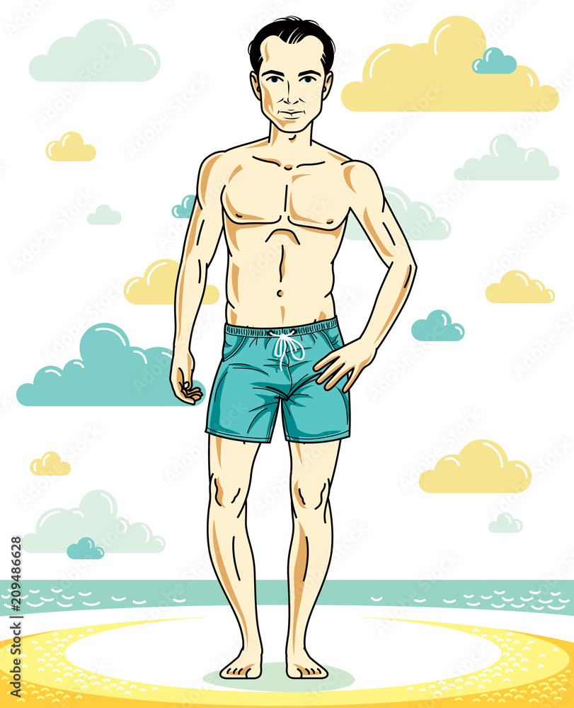 Handsome young man standing on tropical beach in bright shorts. Vector athletic male illustration. Summer vacation lifestyle theme cartoon.