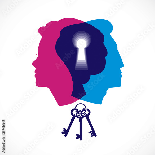 Gender psychology concept created with man and woman heads profiles and keyhole with key of understanding, vector logo or illustration of relationship problems and conflicts in family and society.