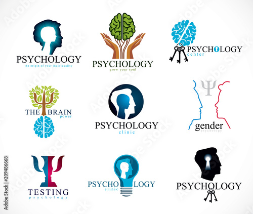 Psychology, brain and mental health vector conceptual icons or logos set. Relationship and gender psychology problems and conflicts, psychoanalysis and psychotherapy, personality and individuality.