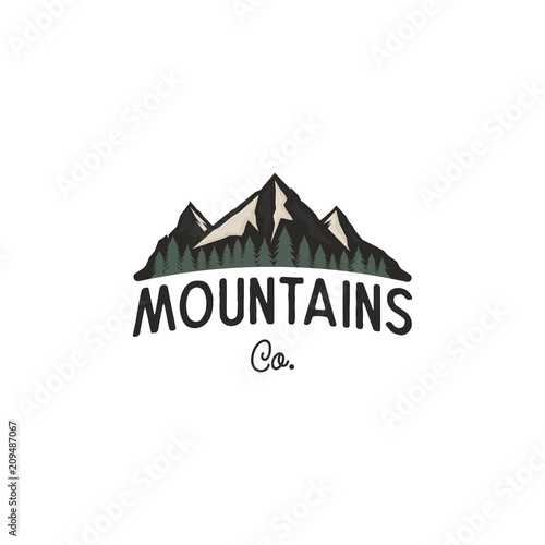 Mountains logo design template. Mountains logo co concept with trees. Vintage hand drawn style. Stock adventure insignia isolated on white background