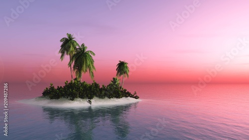 tropical island at sunset, palm trees under the sun, 3D rendering 
