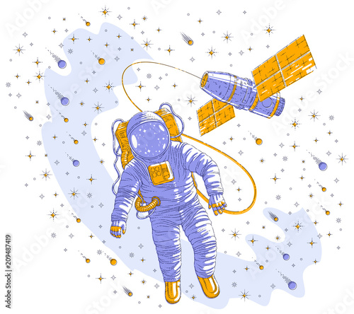 Astronaut went out into open space connected to space station, spaceman floating in weightlessness and iss spacecraft surrounded by undiscovered planets, stars and comets. Vector illustration.