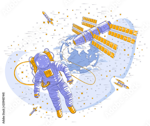 Spaceman flying open space connected to space station and earth planet in background, astronaut man or woman in spacesuit floating in weightlessness and spacecraft, stars and other elements. Vector.