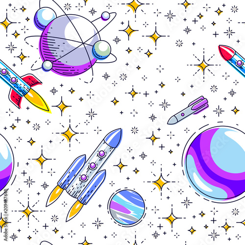 Naklejka Bezszwowe tło z rakiet, planet i gwiazd, nieodkryte głęboki kosmos fantastyczne i zapierające dech w piersiach tkaniny tekstylne dla dzieci, niekończące się wzór płytki, wektor ilustracja kreskówka motyw.
