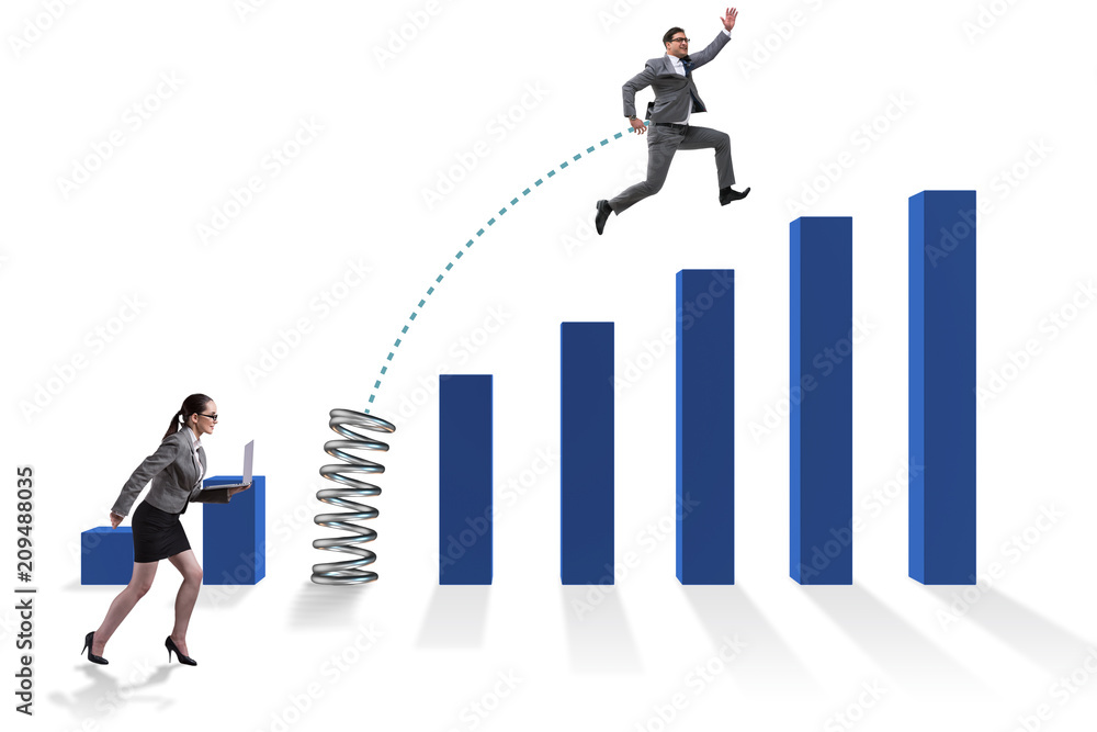 Business people jumping over bar charts