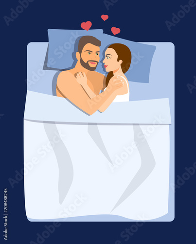 Top view. Happy married couple lying in bed and hiding under white blanket. Vector flat style illustration