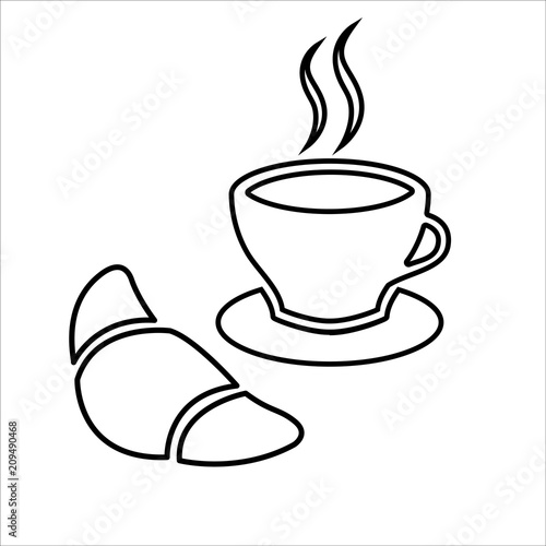 Sweet snack line icon. Traditional morning snack with coffee and croissant. Vector Illustration