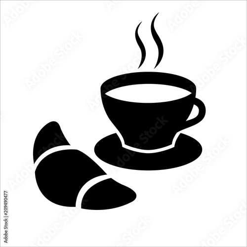 Sweet snack icon. Traditional morning snack with coffee and croissant. Vector Illustration