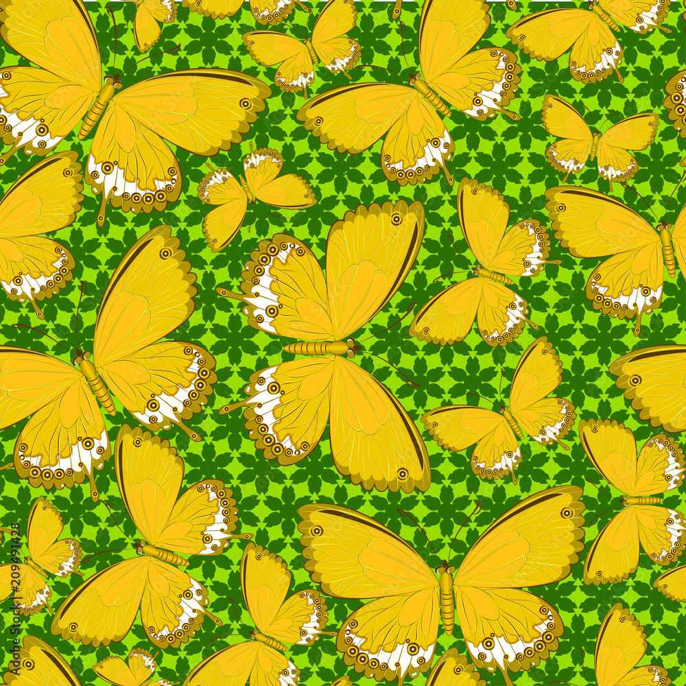 Yellow butterflies on a green background. 
Seamless pattern of yellow butterflies on a green background