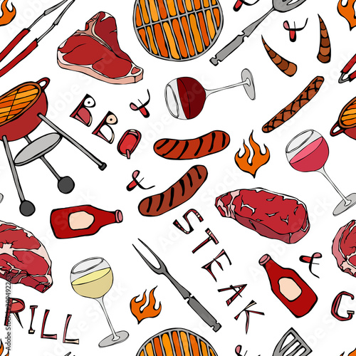 Seamless Pattern of Summer BBQ Grill Party. Glass of Red, Rose and White Vine, Steak, Sausage, Barbeque Grid, Tongs, Fork, Fire, Ketchup. Hand Drawn Vector Illustration. Savoyar Doodle Style.