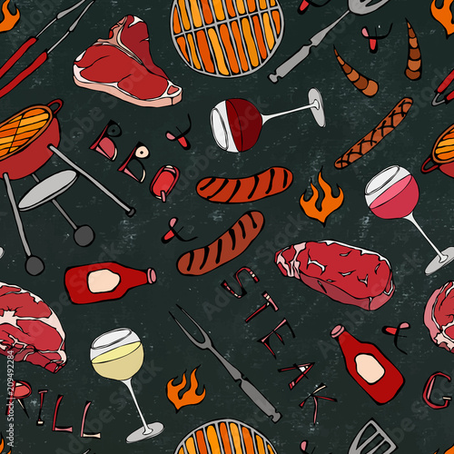 Seamless Pattern of Summer BBQ Grill Party. Glass of Red, Rose and White Vine, Steak, Sausage, Barbeque Grid. Black Board Background and Chalk. Hand Drawn Vector Illustration. Savoyar Doodle Style.