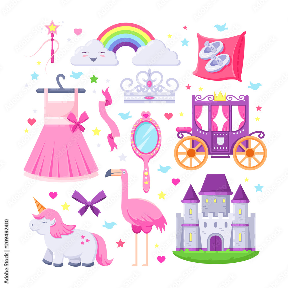 Little princess pink icons set. Vector illustration of unicorn, castle, crown, flamingo, girls dress, rainbow, carriage Little princess pink icons set. Vector illustration of unicorn, castle, crown, flamingo, girls dress, rainbow, carriage