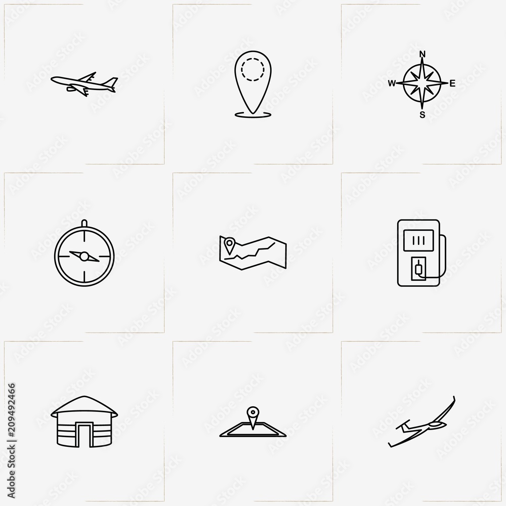 Location line icon set with house, petrol station  and compass