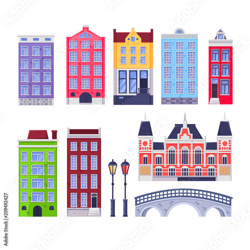 Amsterdam city buildings landmark. Multicolor holland old houses. Vector cartoon illustration. Travel design elements