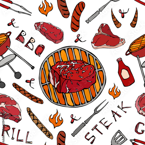 Seamless Pattern of Summer BBQ Grill Party. Big Filet Mignon Steak, Sausage, Barbeque Grid, Tongs, Fork, Fire, Ketchup. Hand Drawn Vector Illustration. Savoyar Doodle Style.